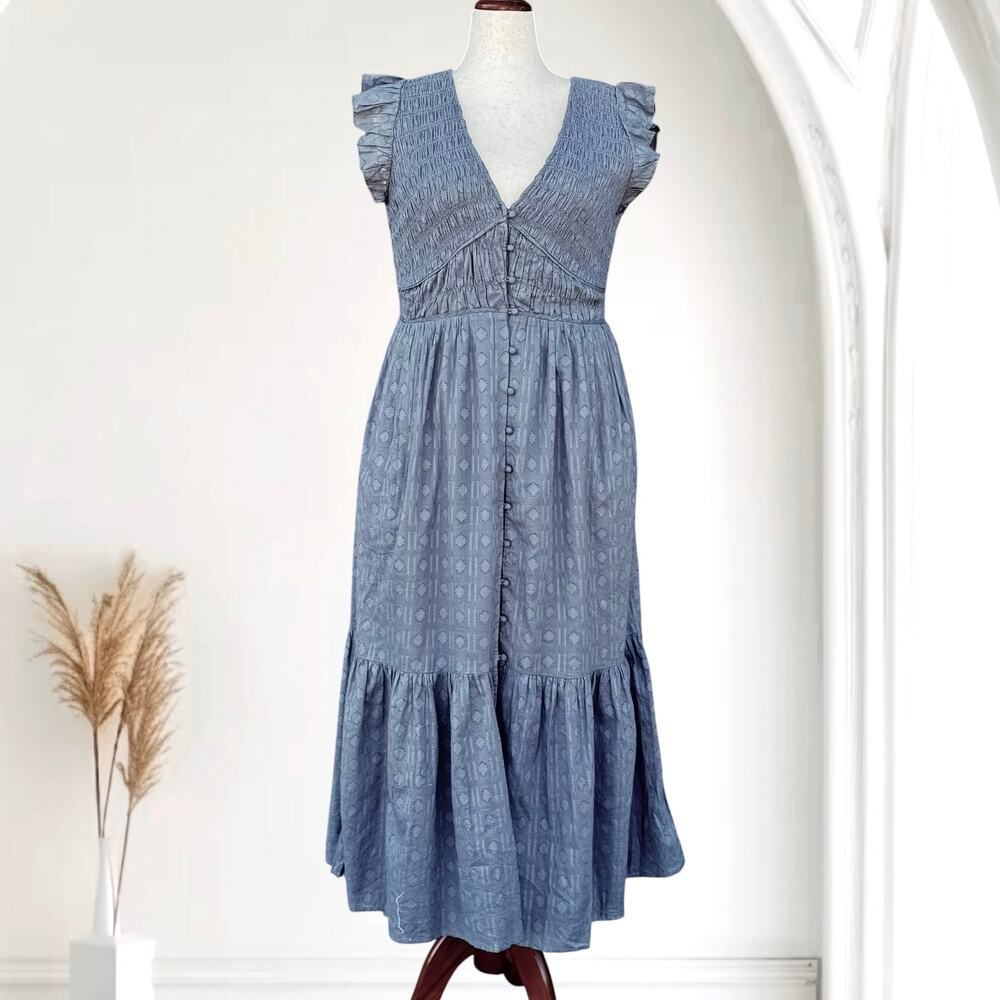 Anthropologie The Peregrine Blue Smocked Midi Dress Ruffle Sleeve Button Front L - Picture 2 of 8